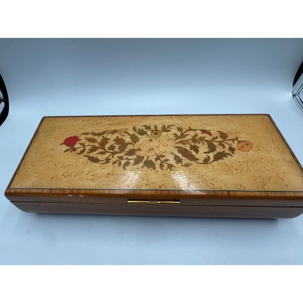 Vintage Italian Marquetry Wood Jewelry Music Box Floral Inlay Swiss Movement